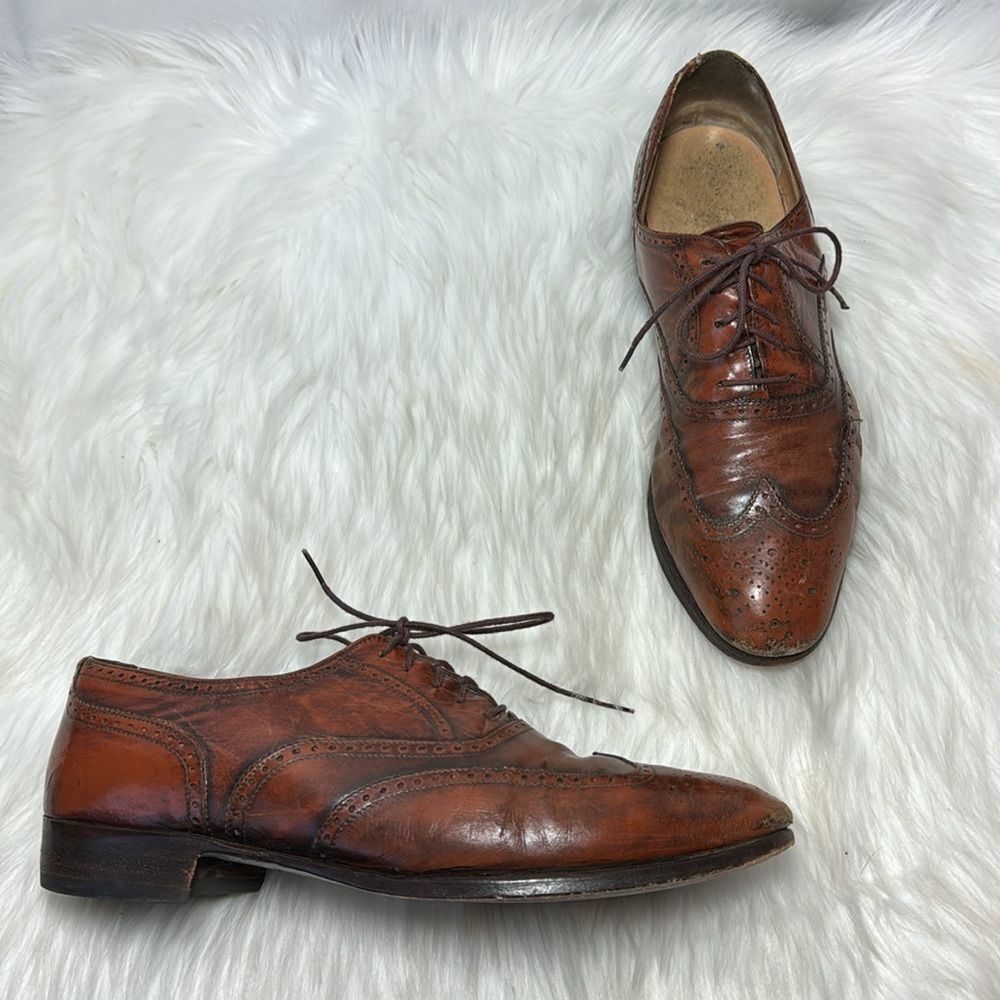 Salvatore Ferragamo VTG Cognac Wingtip Lace Up Oxford Shoes‎ Sz 8D